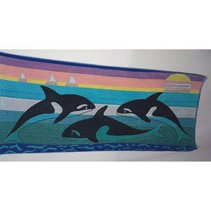 Beach Towel Vintage Jo Franco Killer Whales Ocean Sailboat Stripes Swimming READ